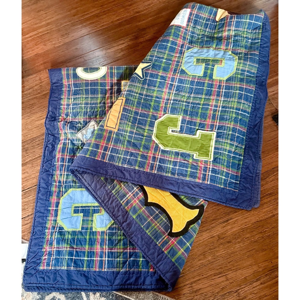 Pottery Barn Kids Redwood Field Varsity Plaid Quilt Full Queen Blue Green 86x86